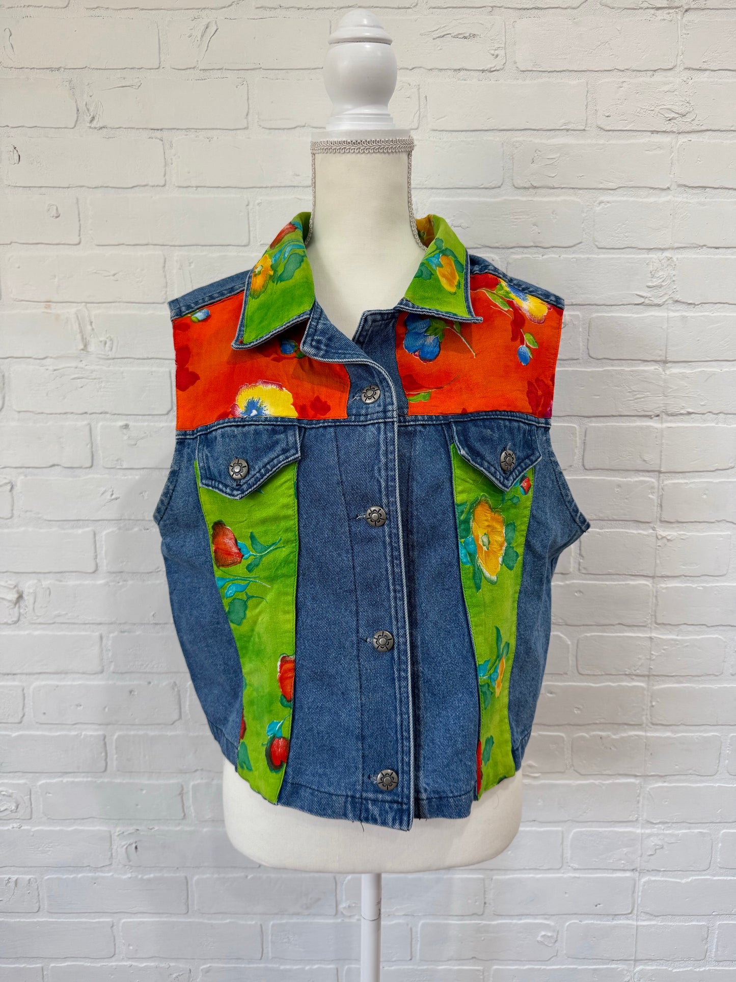 Peaces denim floral color block vest - XL