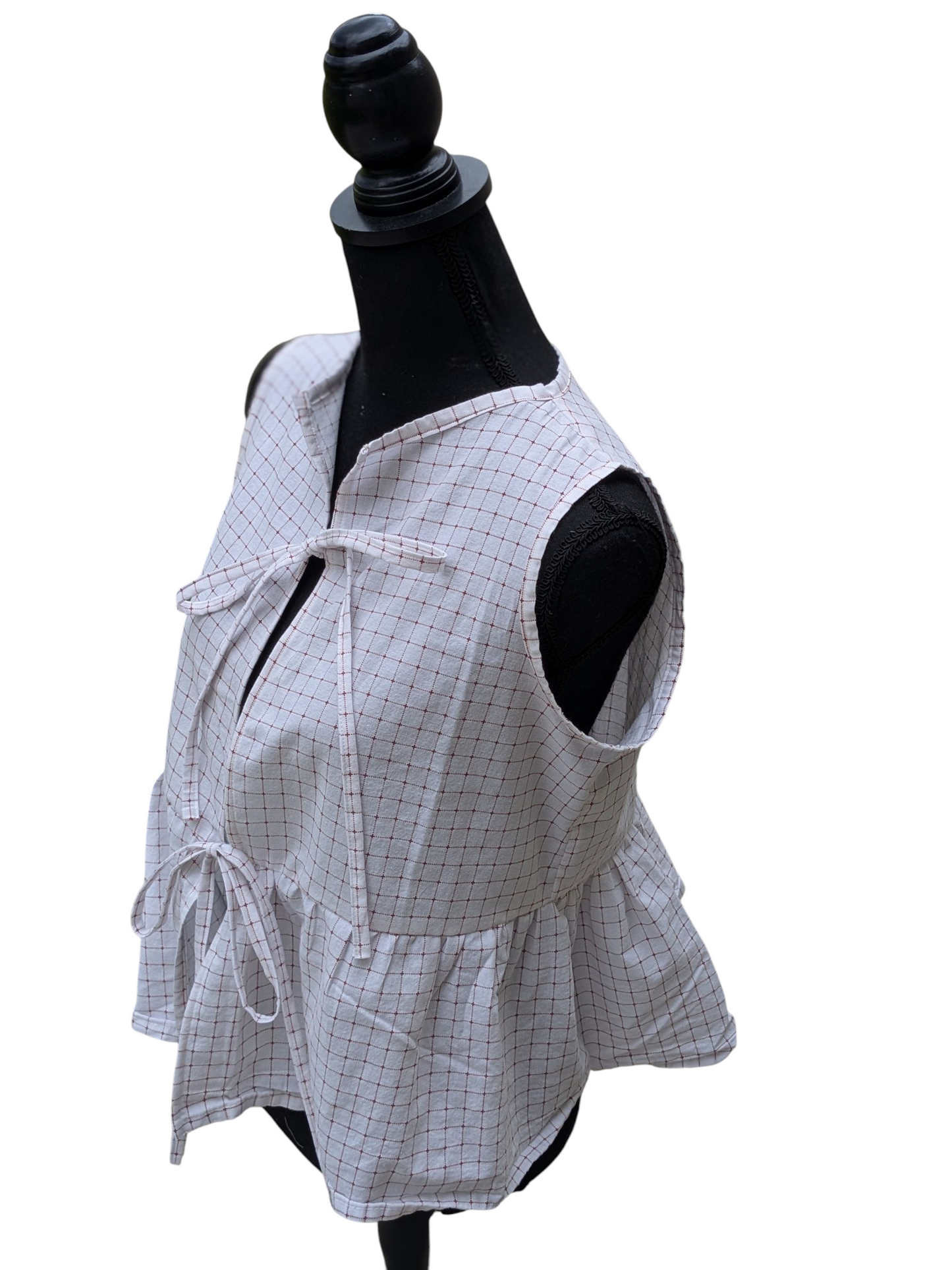 Red and White Grid Front Tie Top