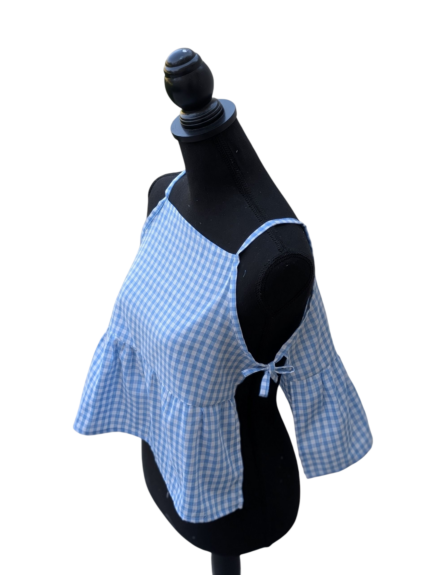Blue gingham side tie top