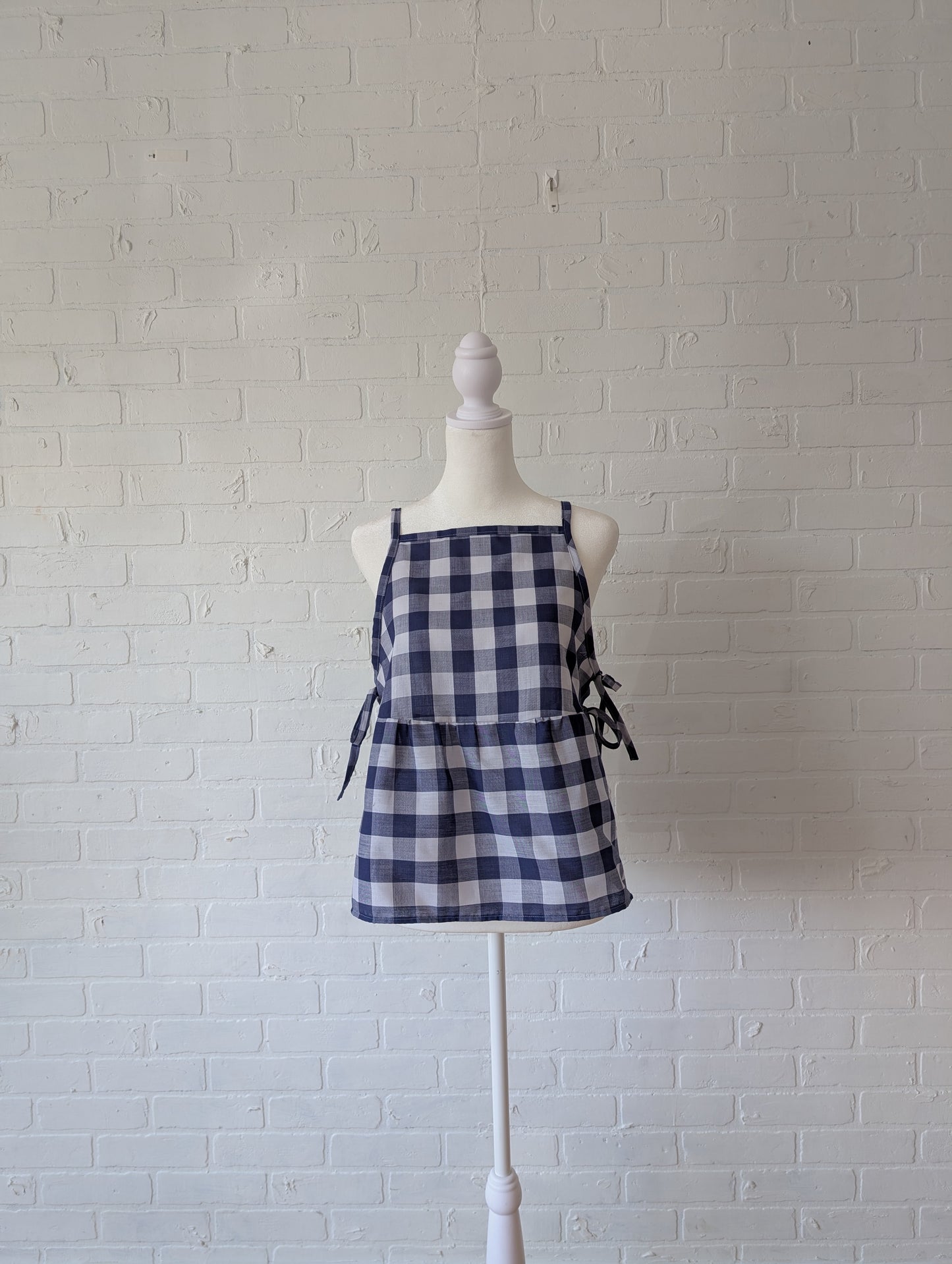 Navy Blue Gingham Side Tie Top