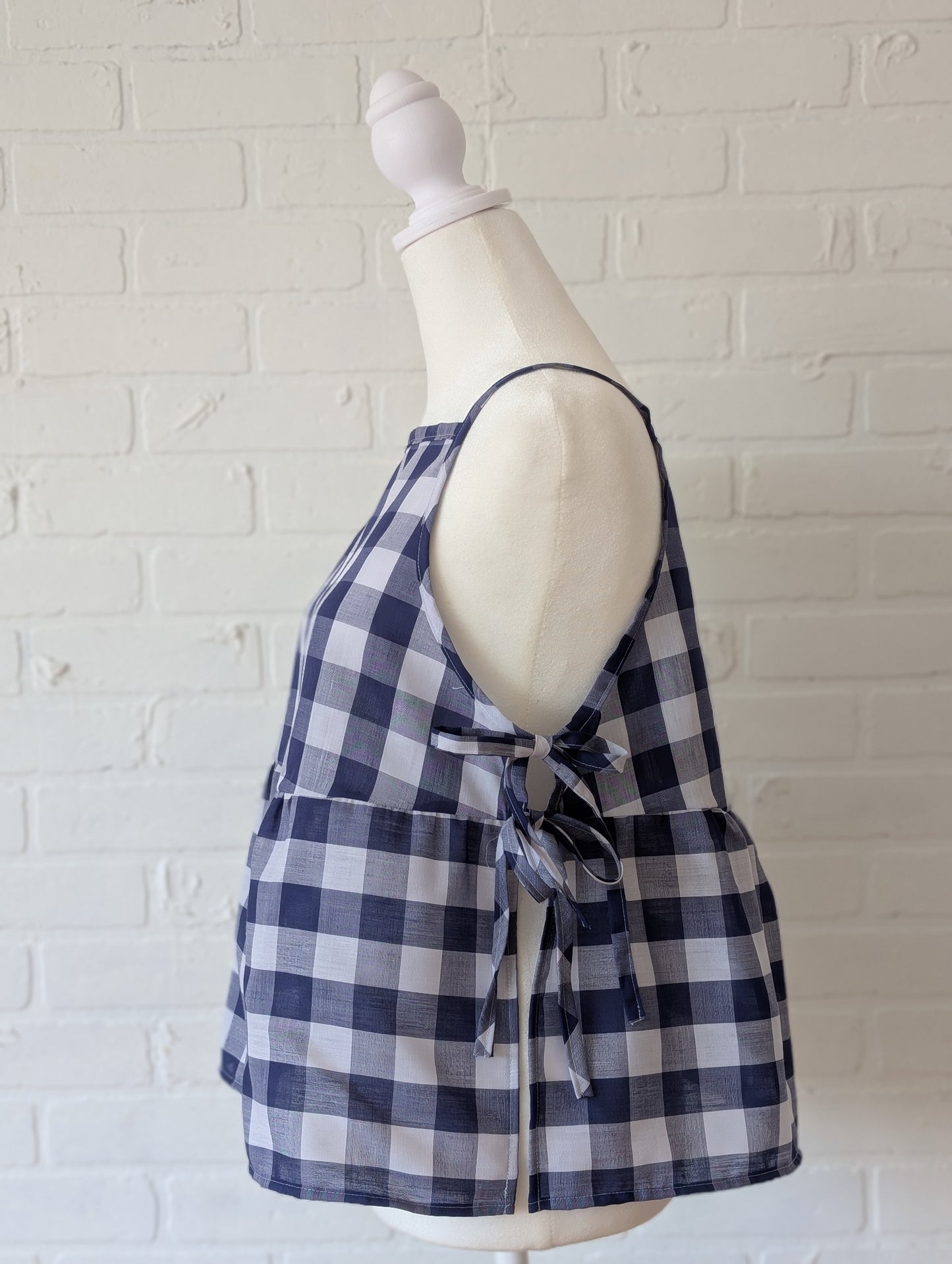 Navy Blue Gingham Side Tie Top