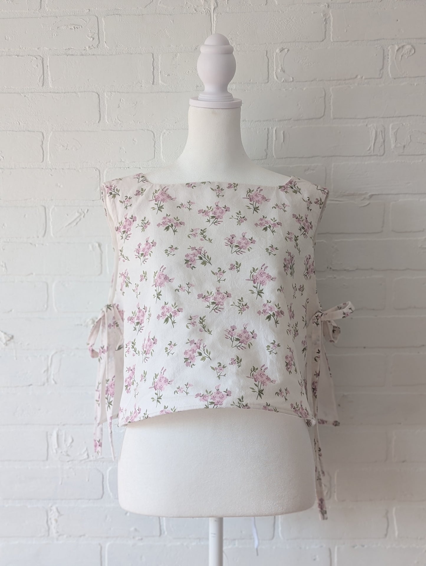 Cream and Pink Floral Side Tie Top