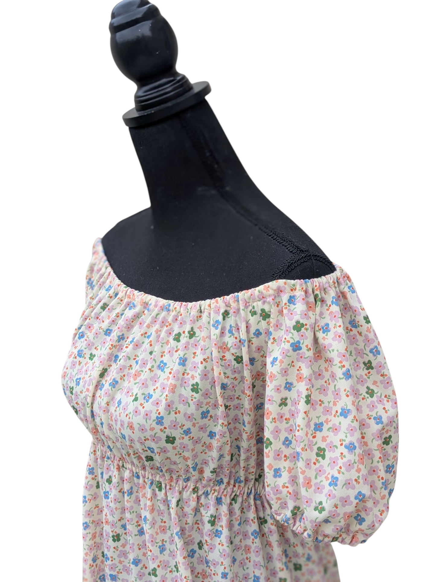 Elastic neckline floral dress - small