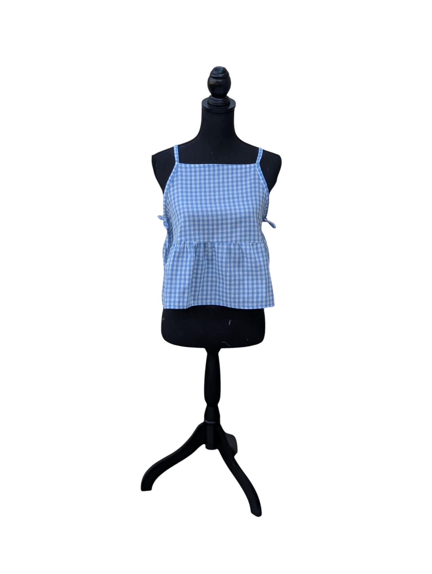 Blue gingham side tie top