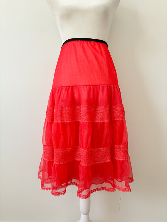 Red sheer tiered lace skirt-M