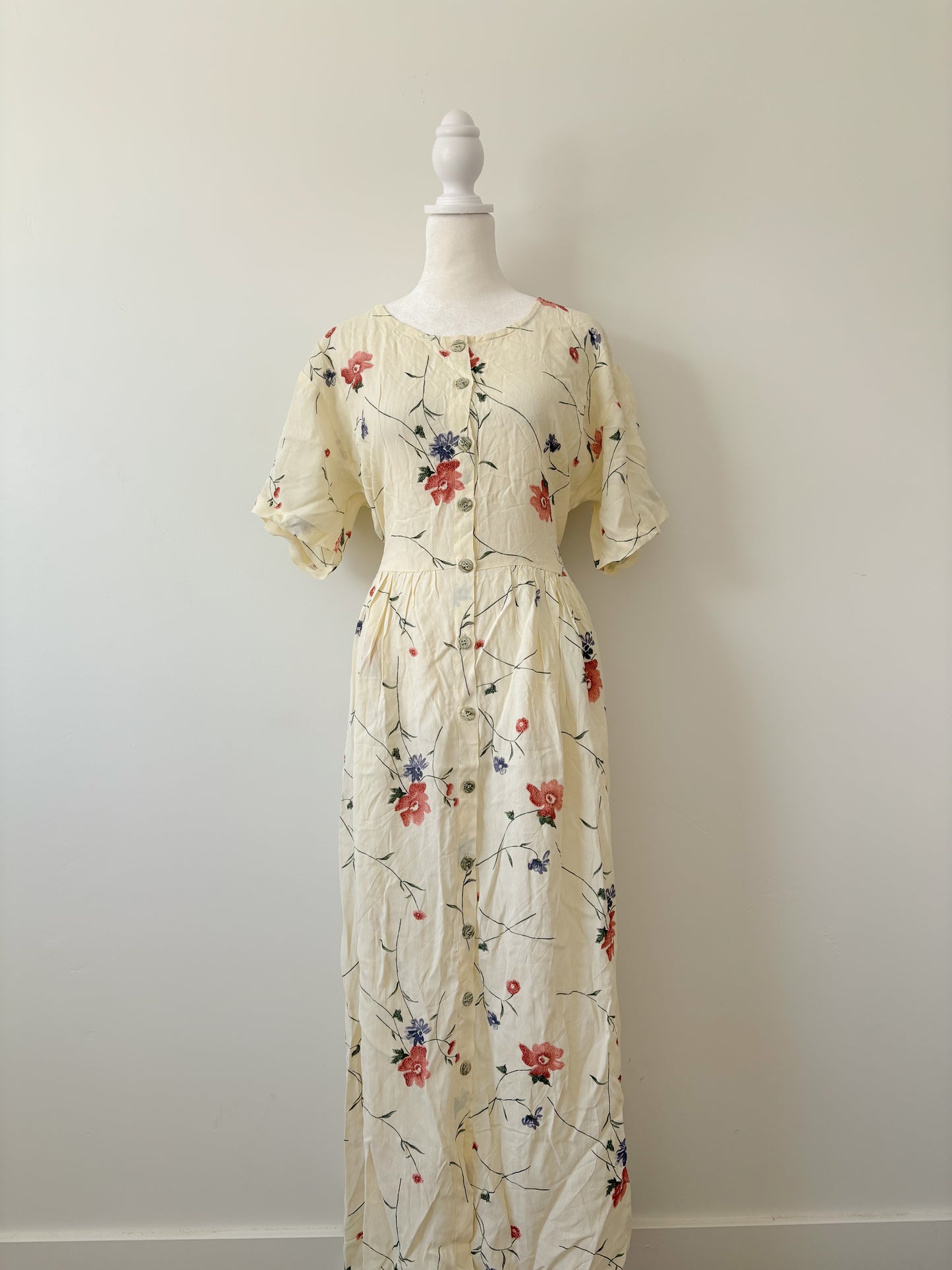 Yellow floral button up dress-M